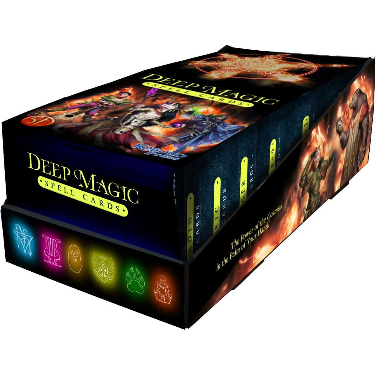 An angled display box for Deep Magic Spell Cards, featuring fantasy character art, a glowing magical symbol, and neon-coloured icons