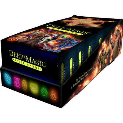 An angled display box for Deep Magic Spell Cards, featuring fantasy character art, a glowing magical symbol, and neon-coloured icons