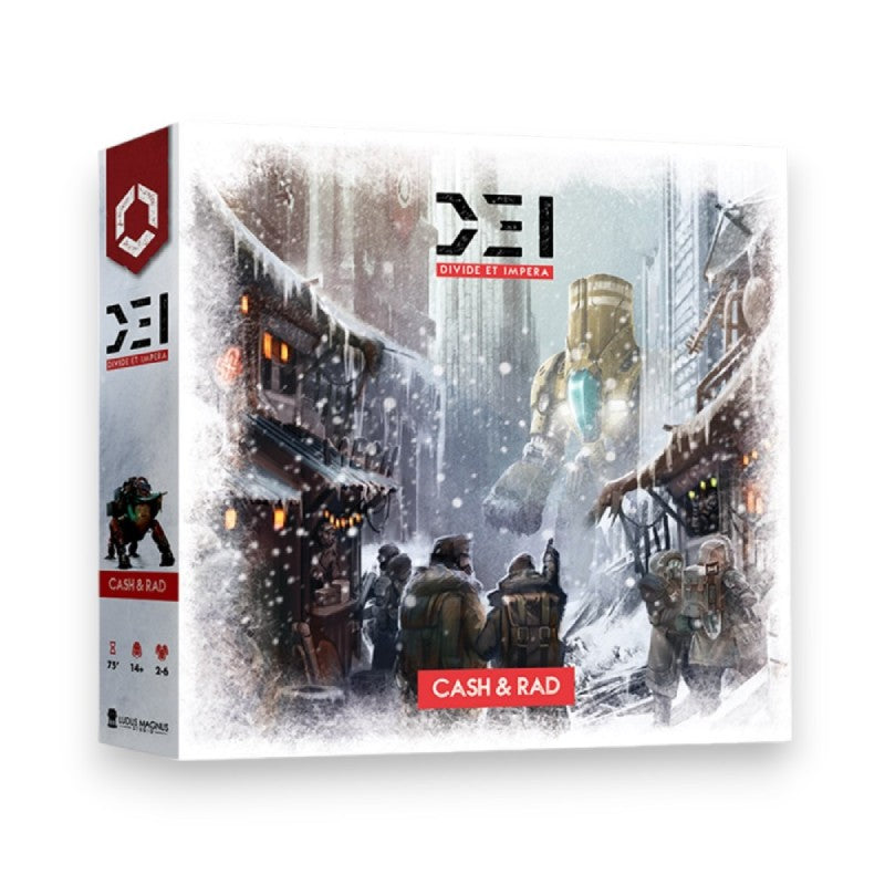 DEI board game box art: A giant yellow mech looms over a snowy, futuristic street with people