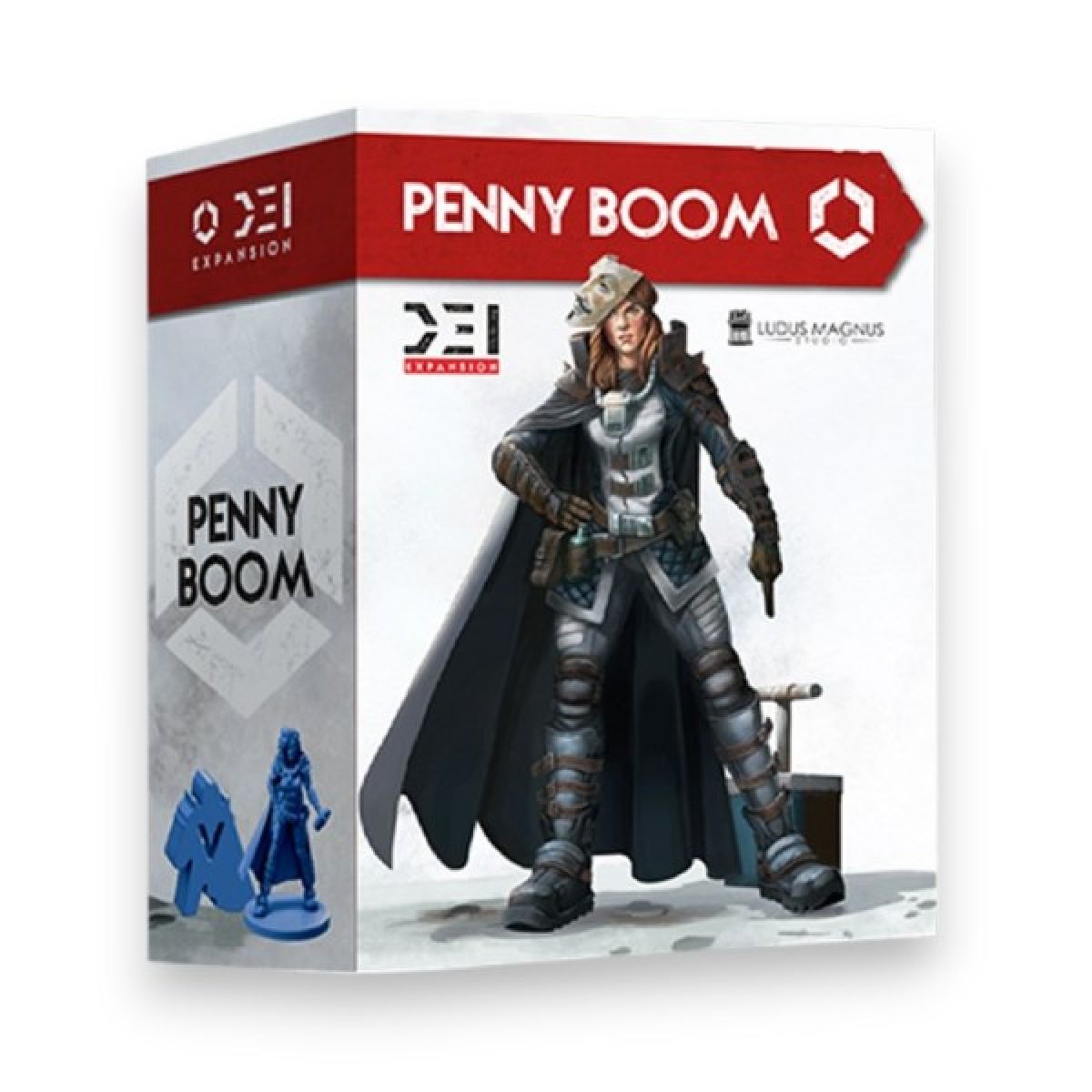 A white game box for the Penny Boom Expansion, showing a female character in a cloak and armor, and two small blue miniatures on its front