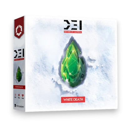 DEI White Death board game box cover: A glowing green crystal deeply set in white snow.