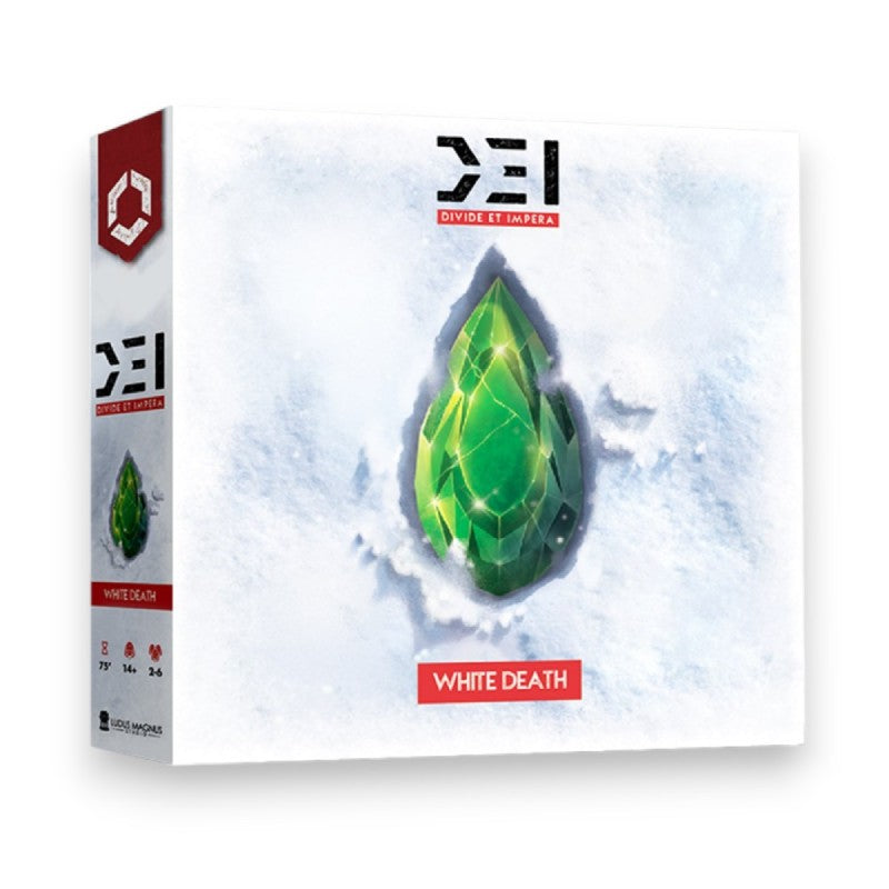 DEI White Death board game box cover: A glowing green crystal deeply set in white snow.