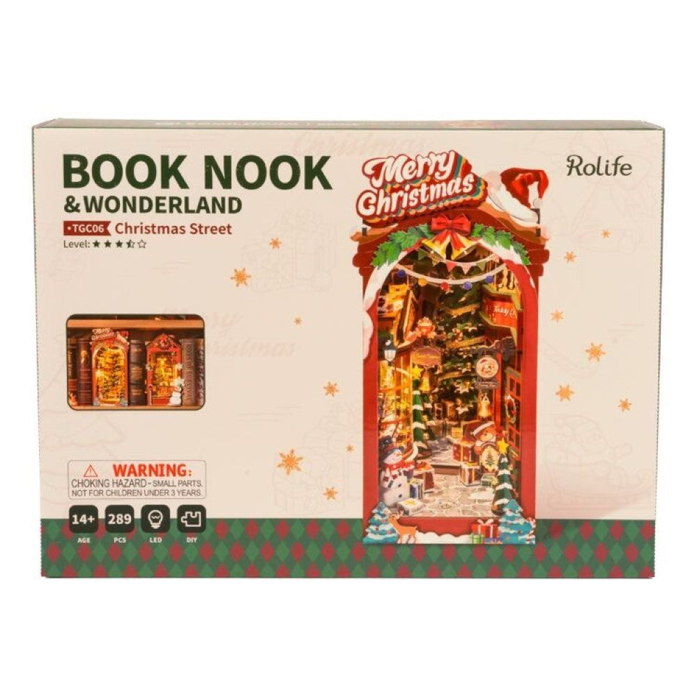 Packaging for Rolife Christmas Street Book Nook DIY kit, featuring an illuminated miniature diorama