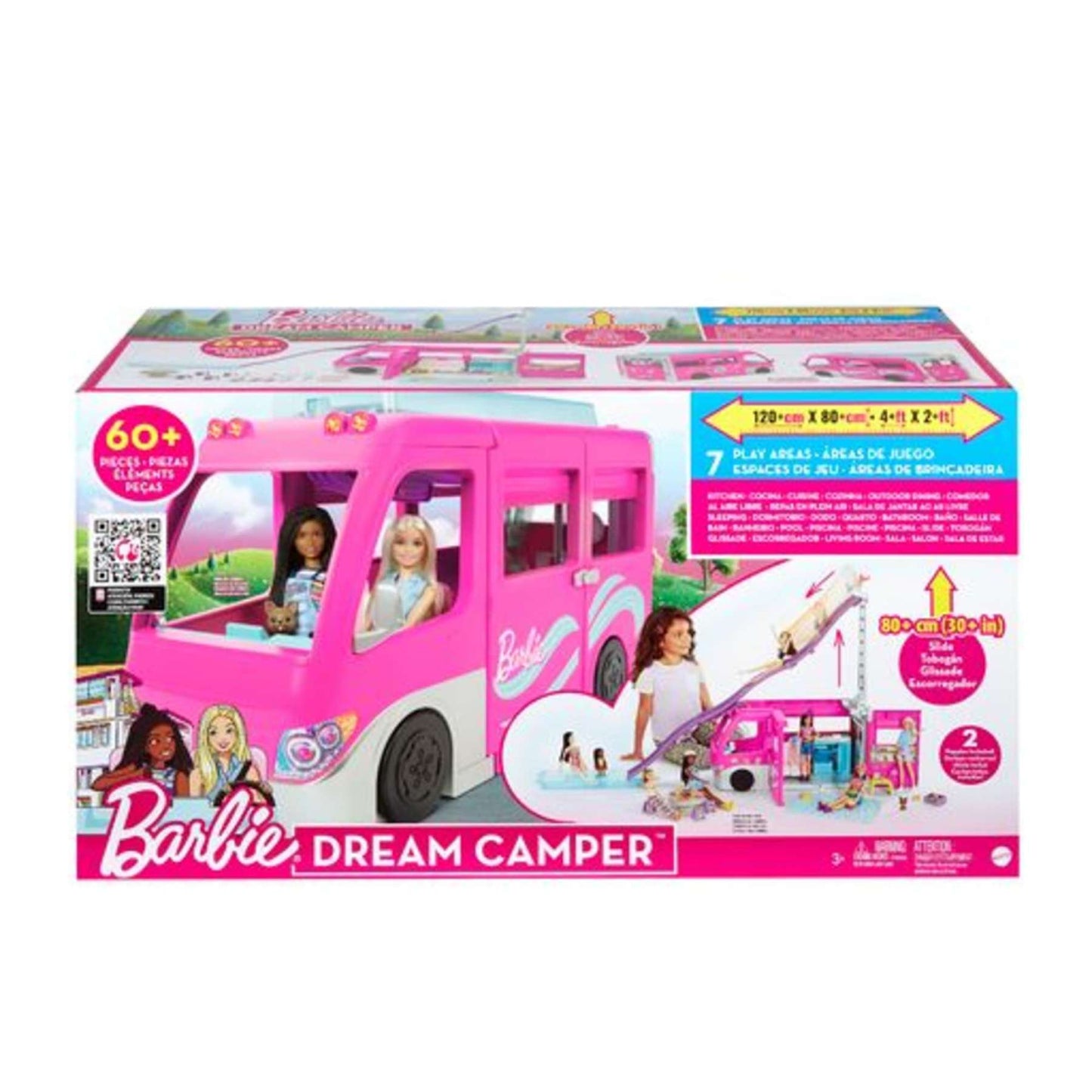 Barbie Dream Camper playset box: Pink camper with dolls -  transforming into a multi-level play area with a pool and slide