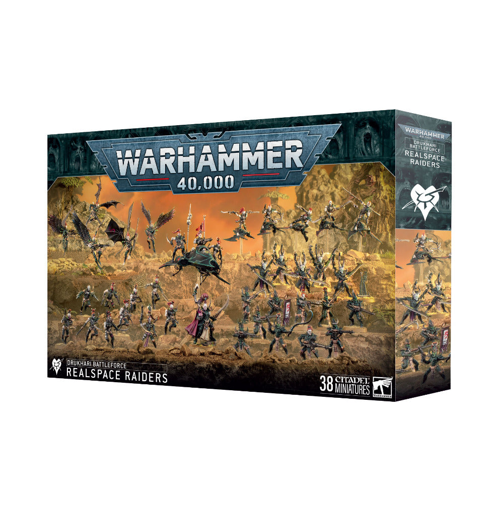 Warhammer 40K Drukhari Battleforce Realspace Raiders set, featuring 38 miniature figures and a skimmer vehicle