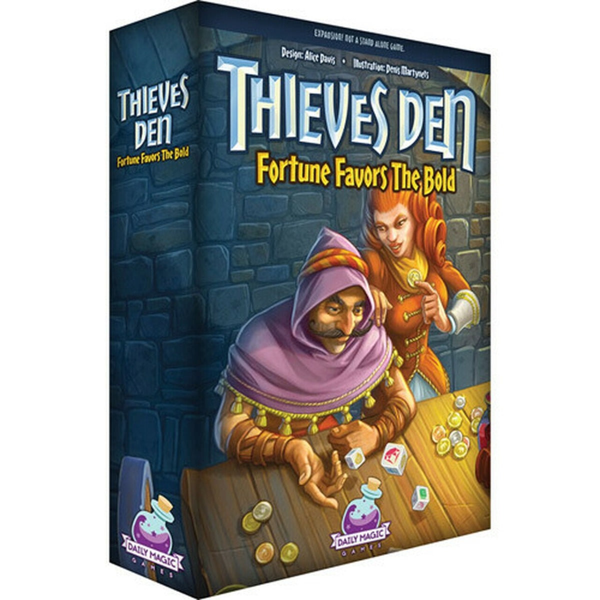 A hooded man examines dice and coins on a table, as a red-haired woman offers a coin