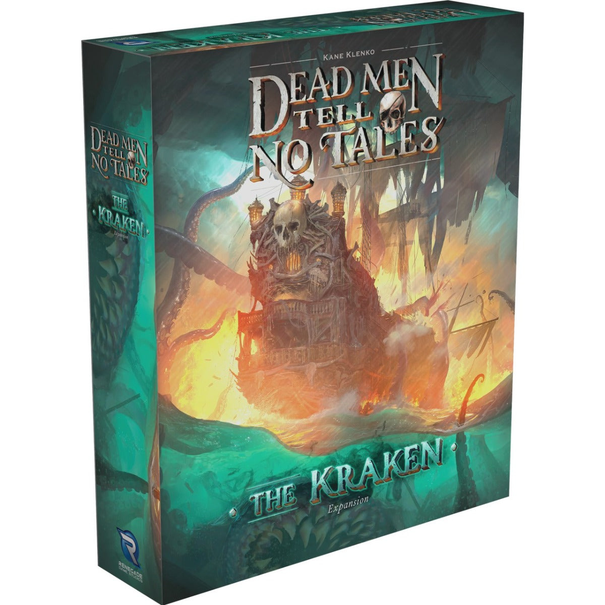 Box for Dead Men Tell No Tales: The Kraken board game expansion, showing a fiery ship attacked by a kraken