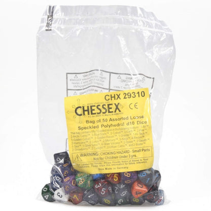 A clear plastic bag holds 50 assorted, colorful speckled d10 dice, with a yellow Chessex label
