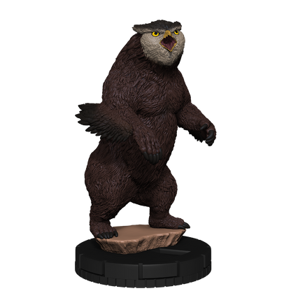Owlbear miniature figure standing bipedally and screeching, with brown fur and a white owl face