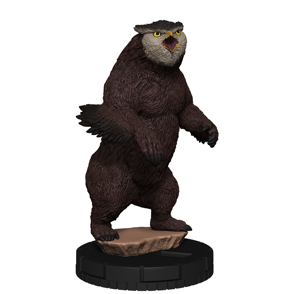Owlbear miniature figure standing bipedally and screeching, with brown fur and a white owl face
