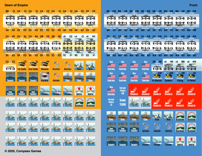 A board game sheet for a naval wargame, featuring ship names, numerical stats, and action tokens like "Transit," "Raid," and "Disabled."