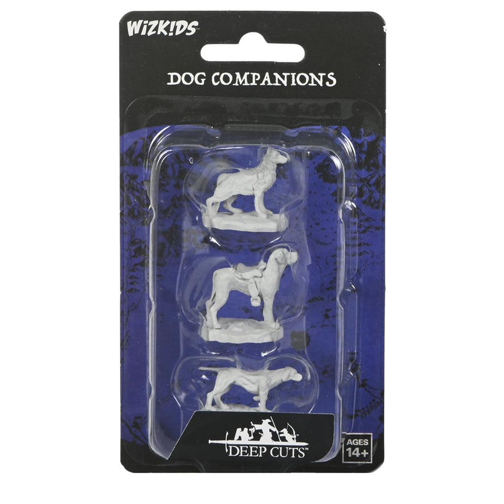 WizKids Dog Companions blister pack with three unpainted grey miniature dog figures, one with a saddle