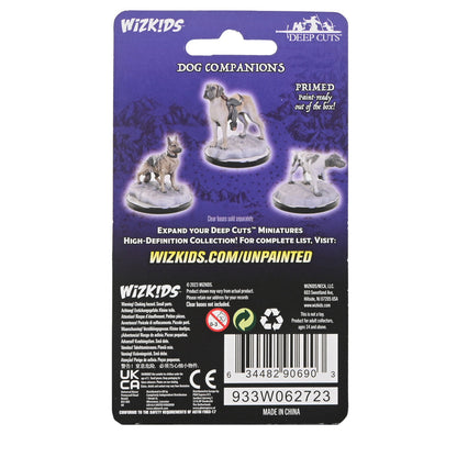 WizKids "Dog Companions" package shows three primed, unpainted dog miniatures: a large pack dog, a shepherd, and a spotted dog