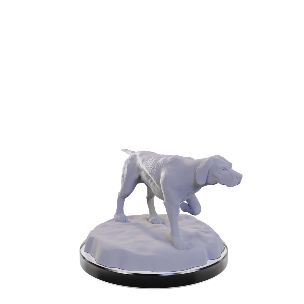 Grey sculpture of a pointer dog in a classic pointing stance, one front leg raised, on a black base