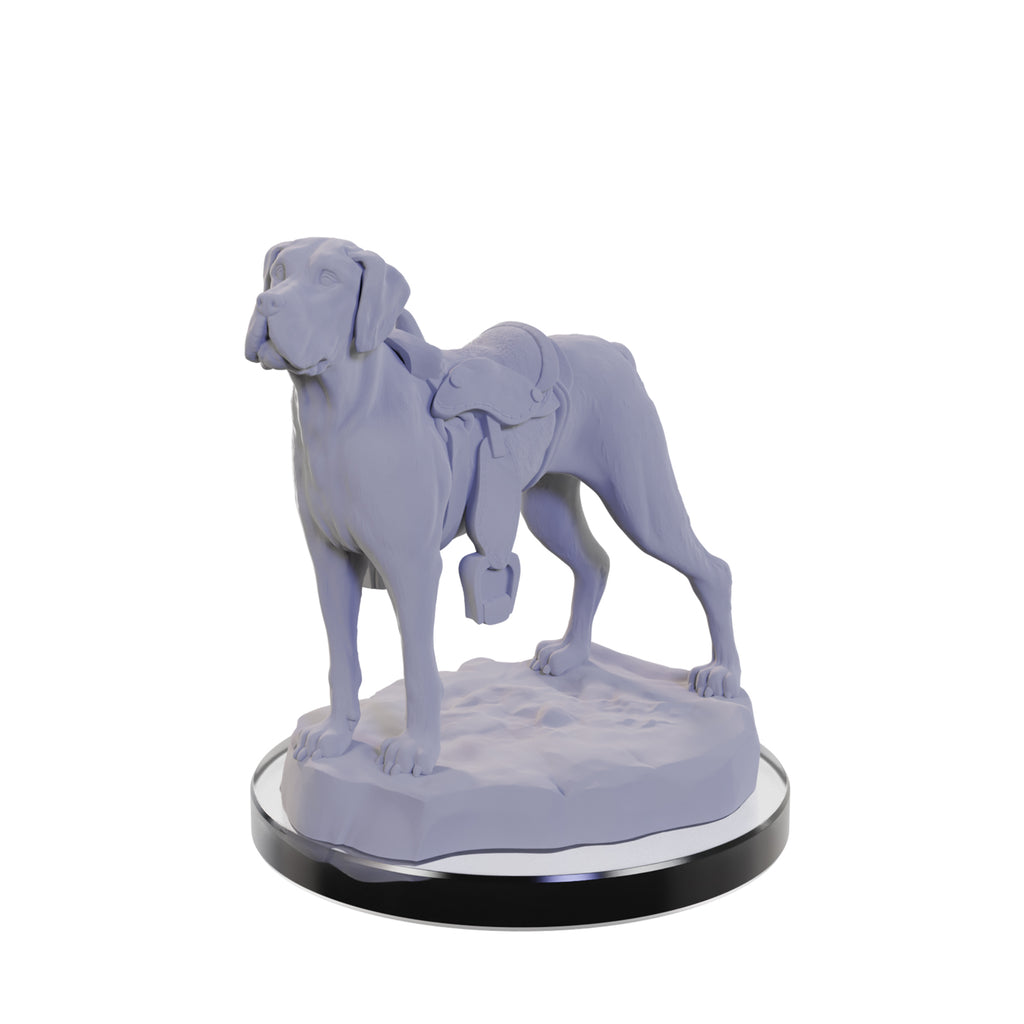 Light purple dog sculpture with a saddle, standing on a textured base with a black rim