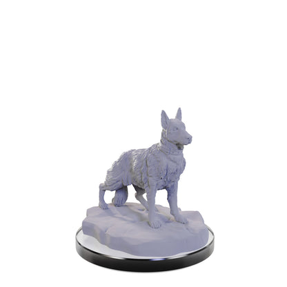 Grey dog sculpture with a collar and perked ears, standing on a textured base, looking right