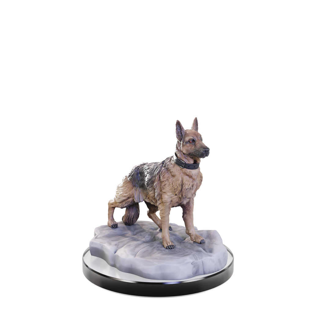 A German Shepherd statue with collar, standing alert and looking right on a rocky base