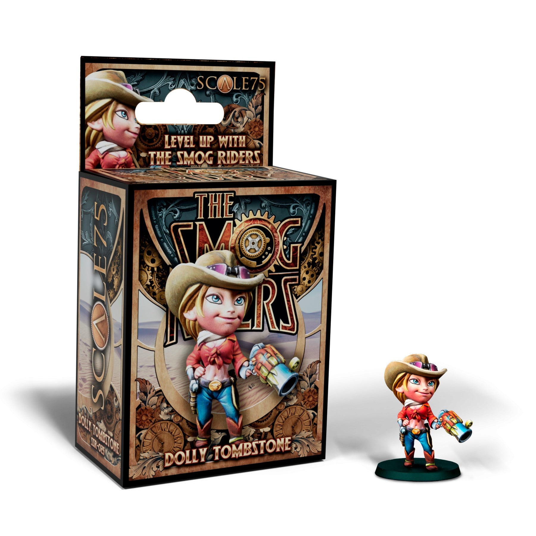A painted miniature of Dolly Tombstone, a steampunk cowgirl with a colorful weapon, next to her product box.