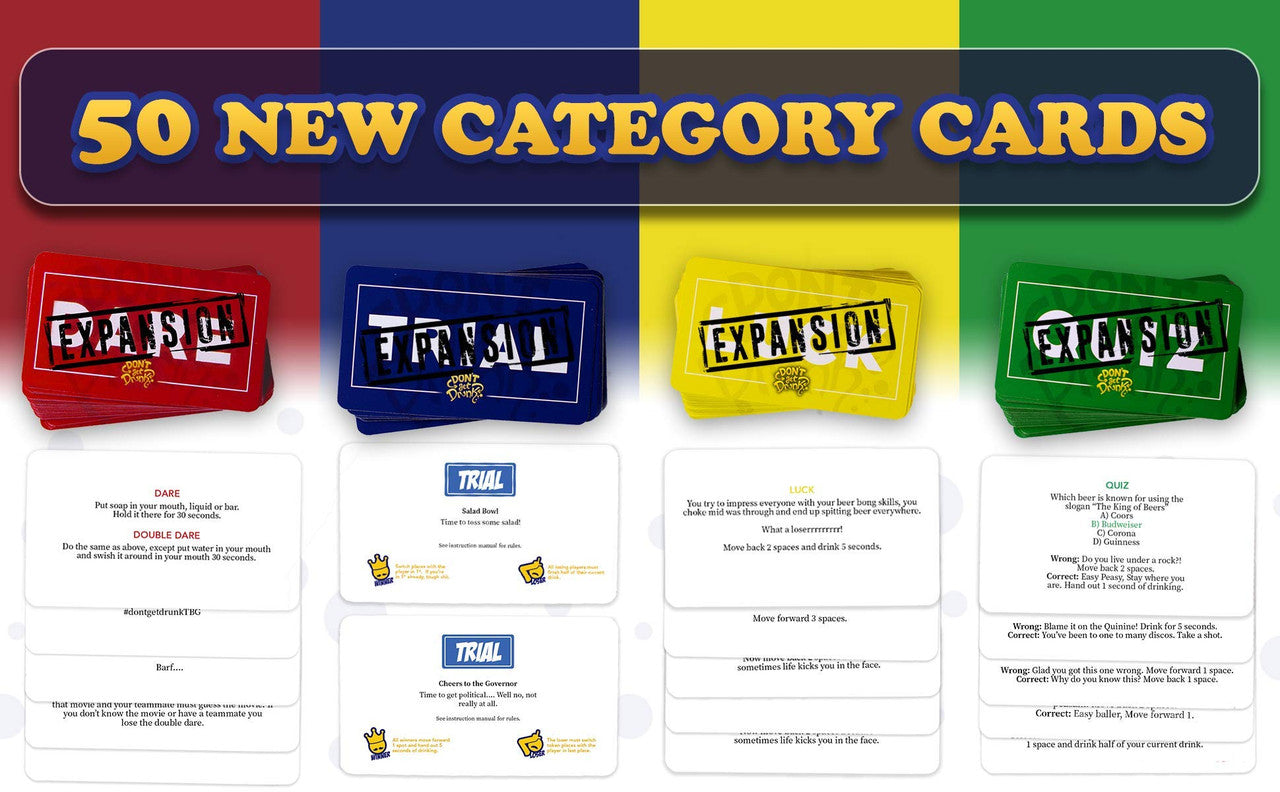Four stacks of vibrant card game expansion packs red blue yellow and green for Don't Get Drunk