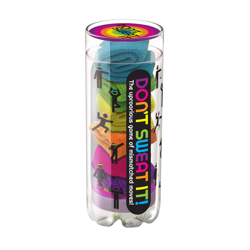 Don't Sweat It game with colorful towels and figures inside a plastic tube