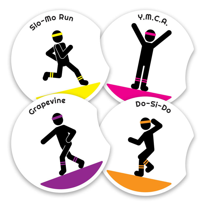 Four coaster icons depicting different danceexercise moves Slo-mo Run, YMCA, Grapevine and Do-Si-Do