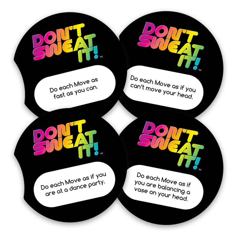 Four black circular coasters with DON&#39;T SWEAT IT in rainbow gradient text each featuring a different dance instruction