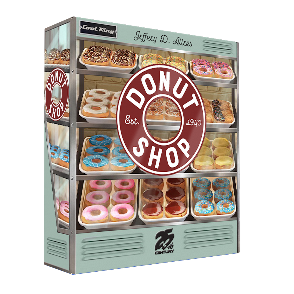 25th Century Games Donut Shop arcade game cabinet in mint green with multiple shelves displaying various colorful donuts Est 1940 branding