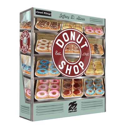 25th Century Games Donut Shop arcade game cabinet in mint green with multiple shelves displaying various colorful donuts Est 1940 branding
