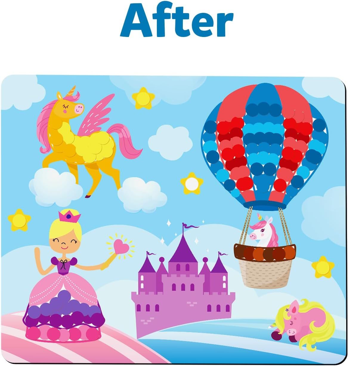 After: Cartoon scene with a princess, purple castle, flying unicorn, and a unicorn in a hot air balloon