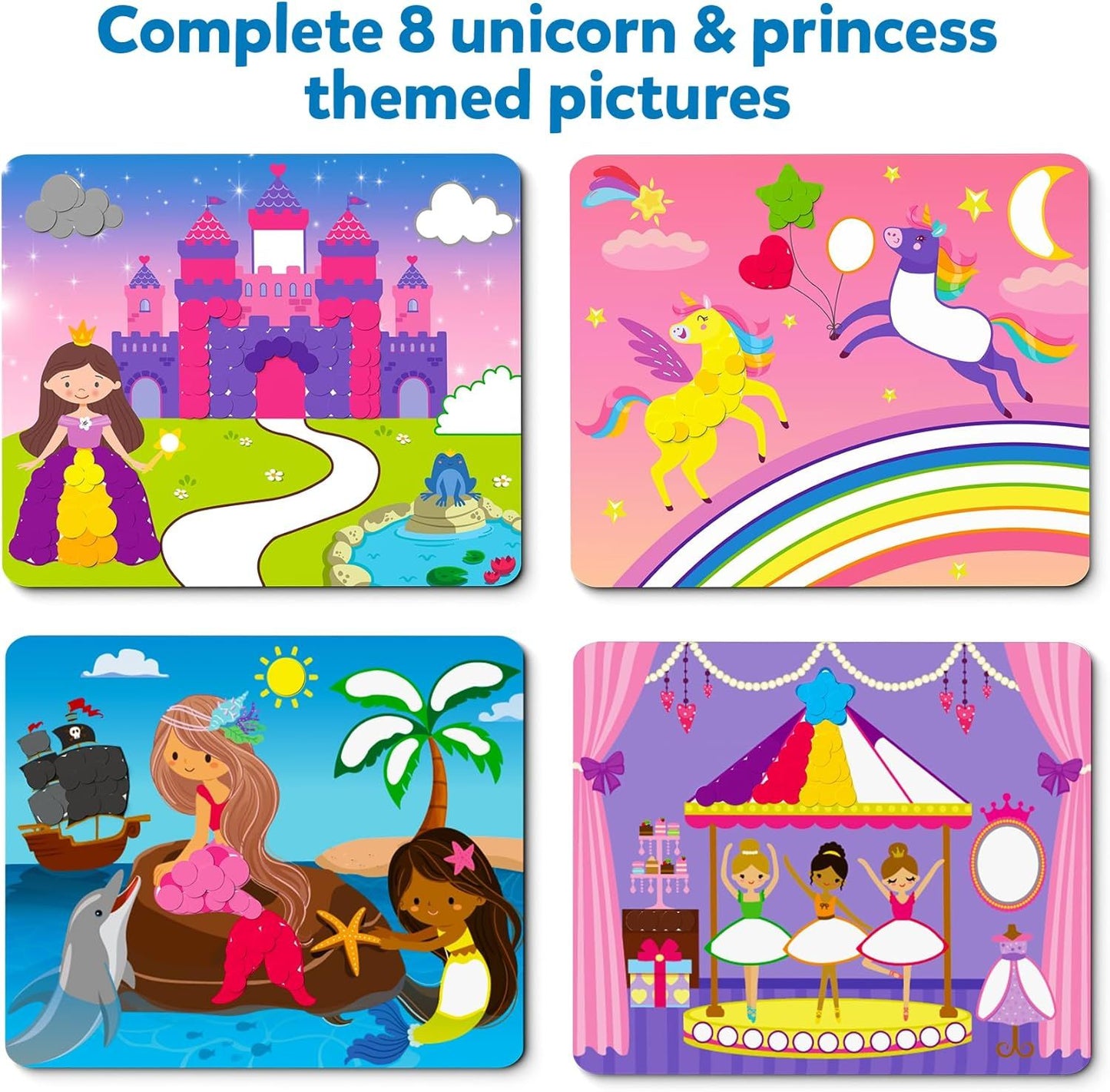 Four colorful illustrations featuring princesses, unicorns, mermaids, and ballerinas