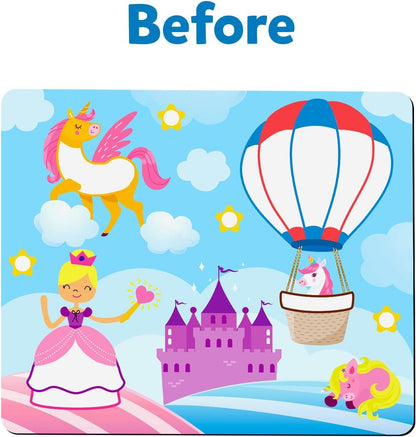 Illustration titled "Before": Princess, castle, flying unicorn, and a unicorn in a hot air balloon