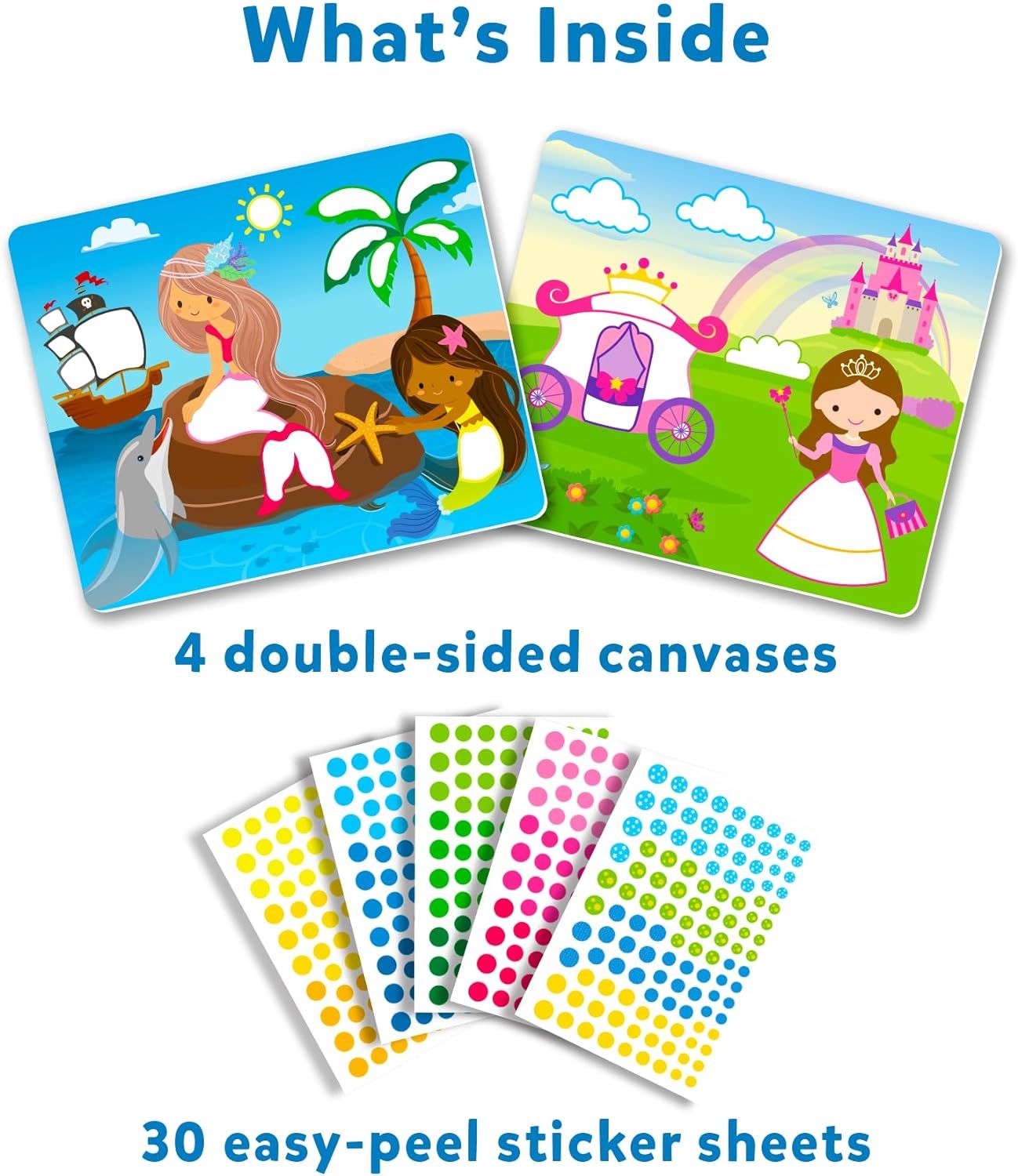 Kit contents: 2 illustrated canvases (mermaid, princess scenes) and multiple sheets of colorful dot stickers