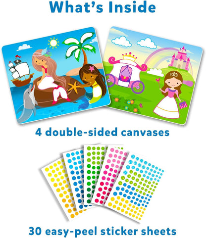 Kit contents: 2 illustrated canvases (mermaid, princess scenes) and multiple sheets of colorful dot stickers