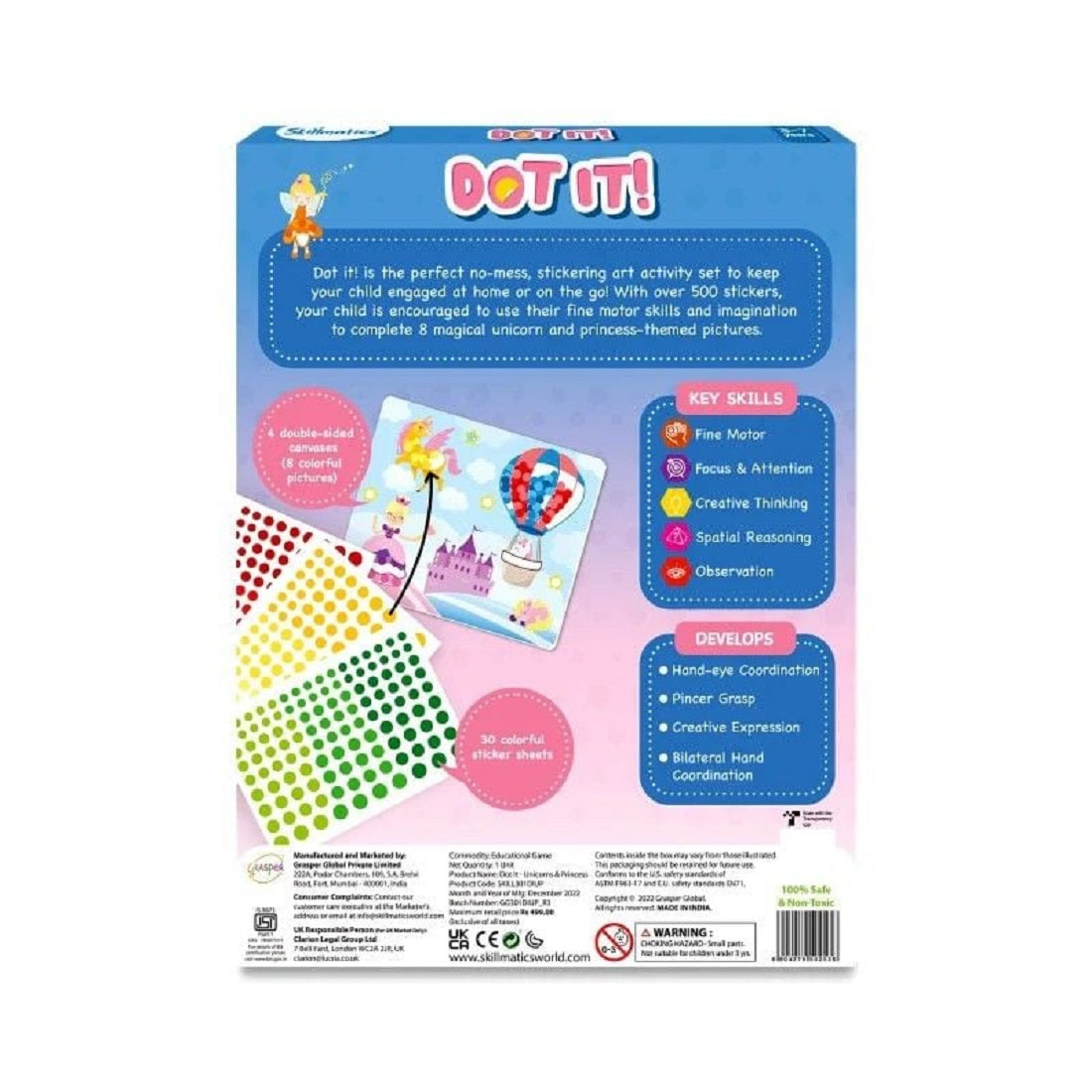 DOT IT! activity set packaging with colorful dot stickers and unicorn/princess picture cards