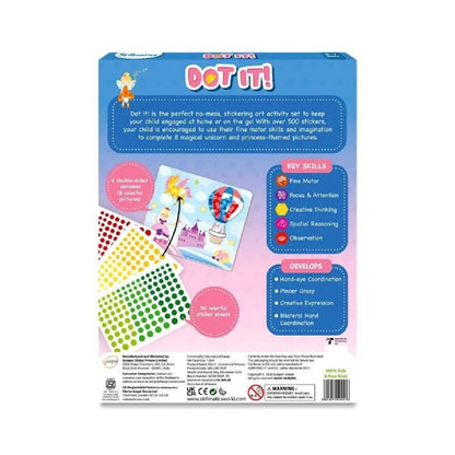 DOT IT! activity set packaging with colorful dot stickers and unicorn/princess picture cards