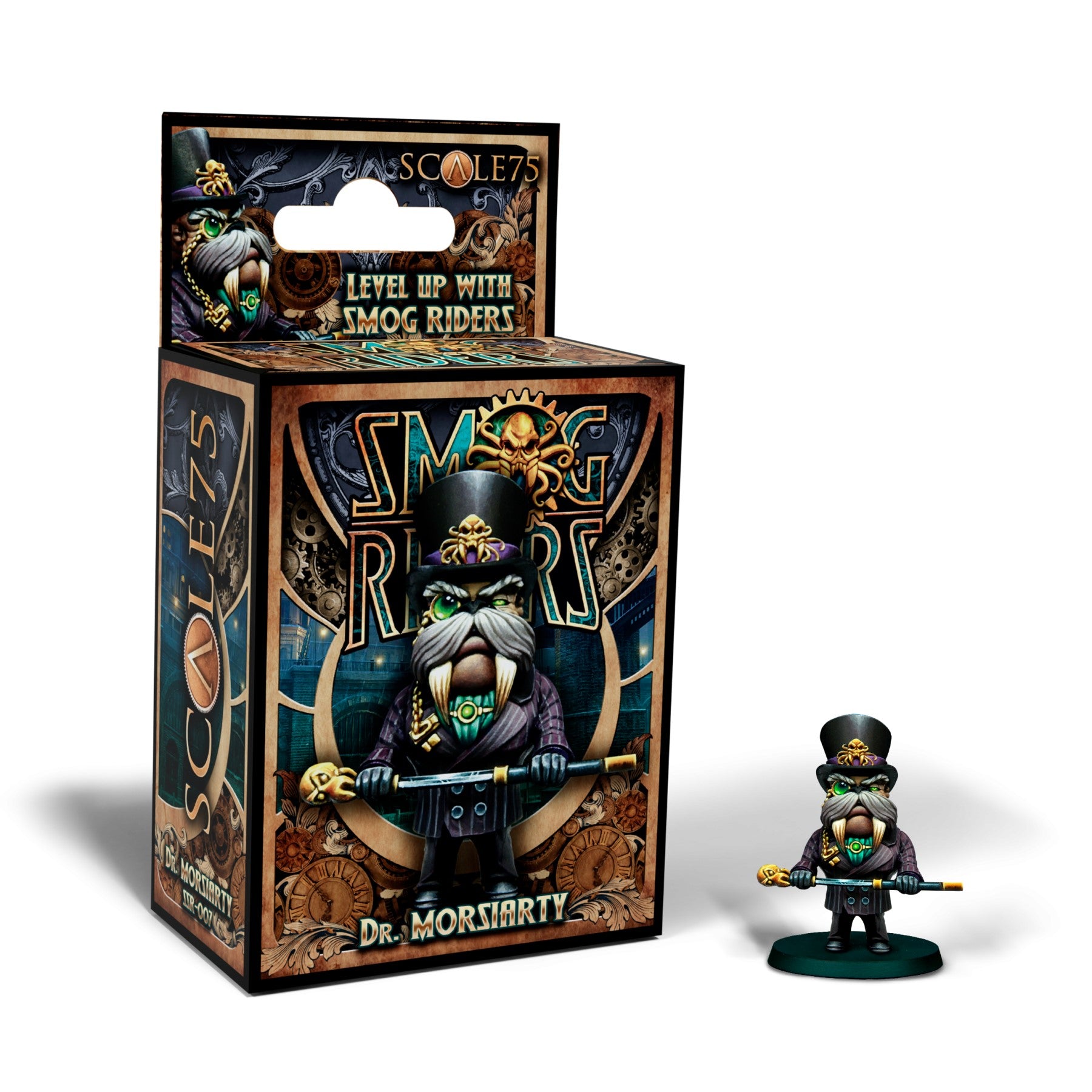 Dr. Morsiarty, a dapper steampunk walrus miniature in a top hat, monocle, and suit, holds a skull-topped cane, beside its product box.