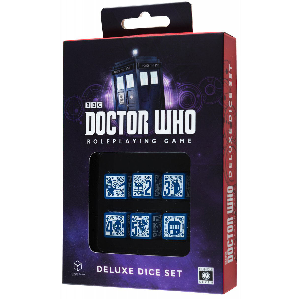 Doctor Who Deluxe Dice Set box featuring TARDIS art and six blue dice with symbols