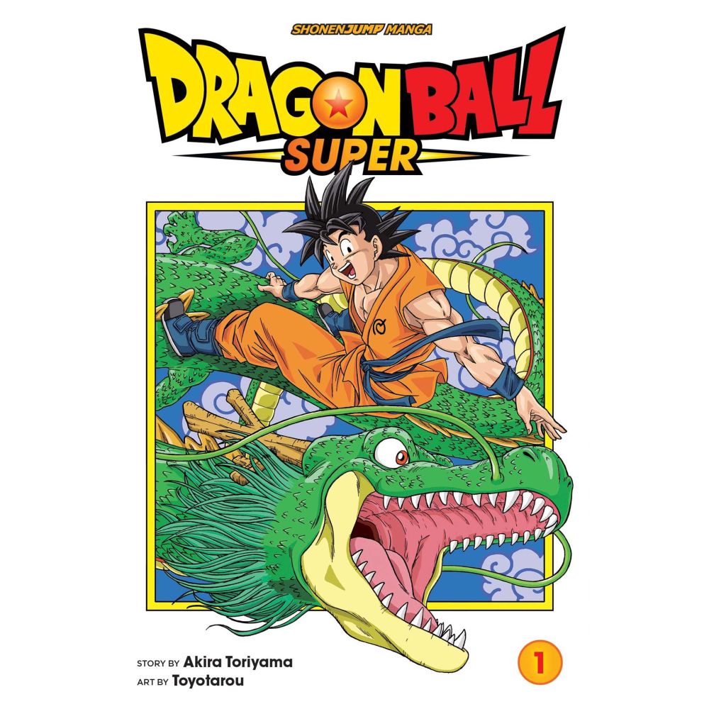 Dragon Ball Super Volume 1 Book cover with Goku in an orange gi above a green dragon with an open mouth and fangs, set against a blue sky with clouds