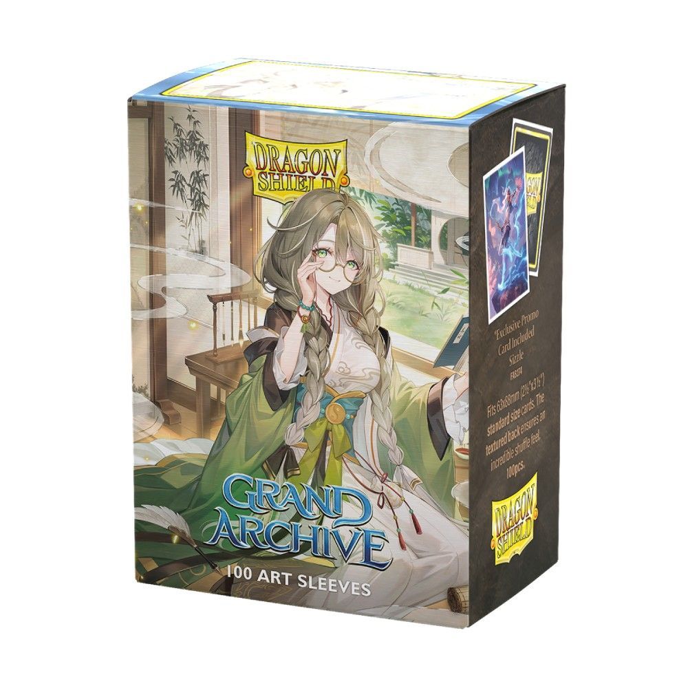 Dragon Shield Grand Archive 100 Art Sleeves box featuring an anime woman with glasses and long green braids