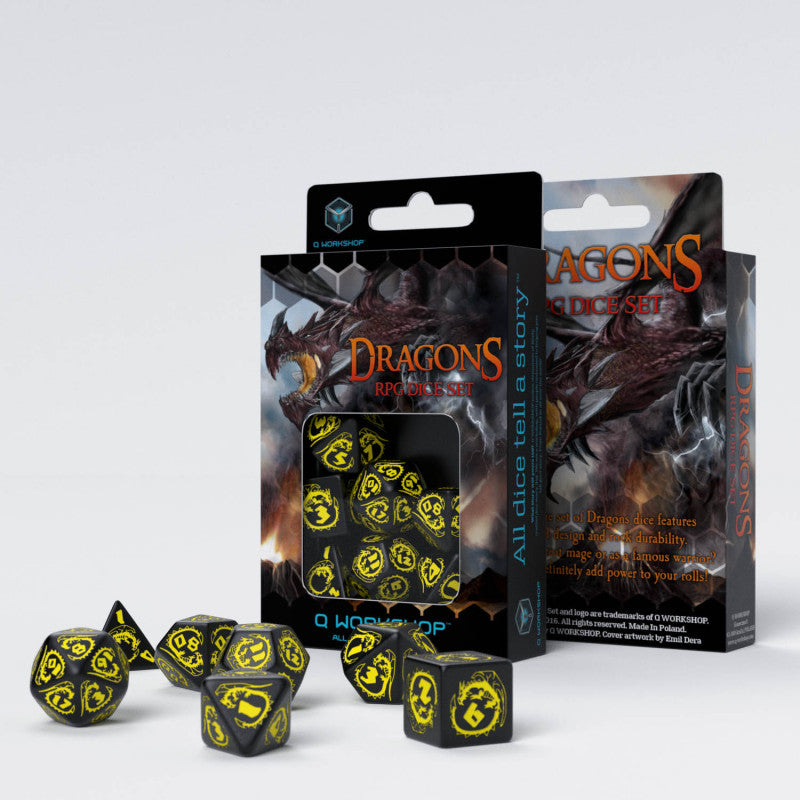 Q Workshop - Dragon Black & Yellow Dice Set 7 - Good Games
