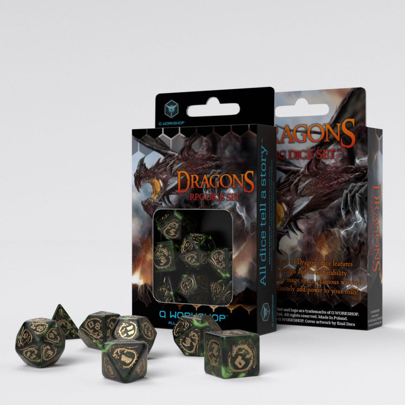Q Workshop - Dragon Bottle Green & Gold Dice Set 7 - Good Games