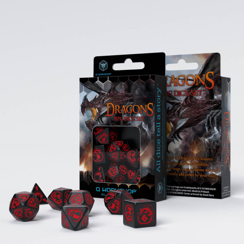 Q Workshop Dragons RPG Dice Set: black dice with red dragon symbols scattered before their matching dragon-themed boxes