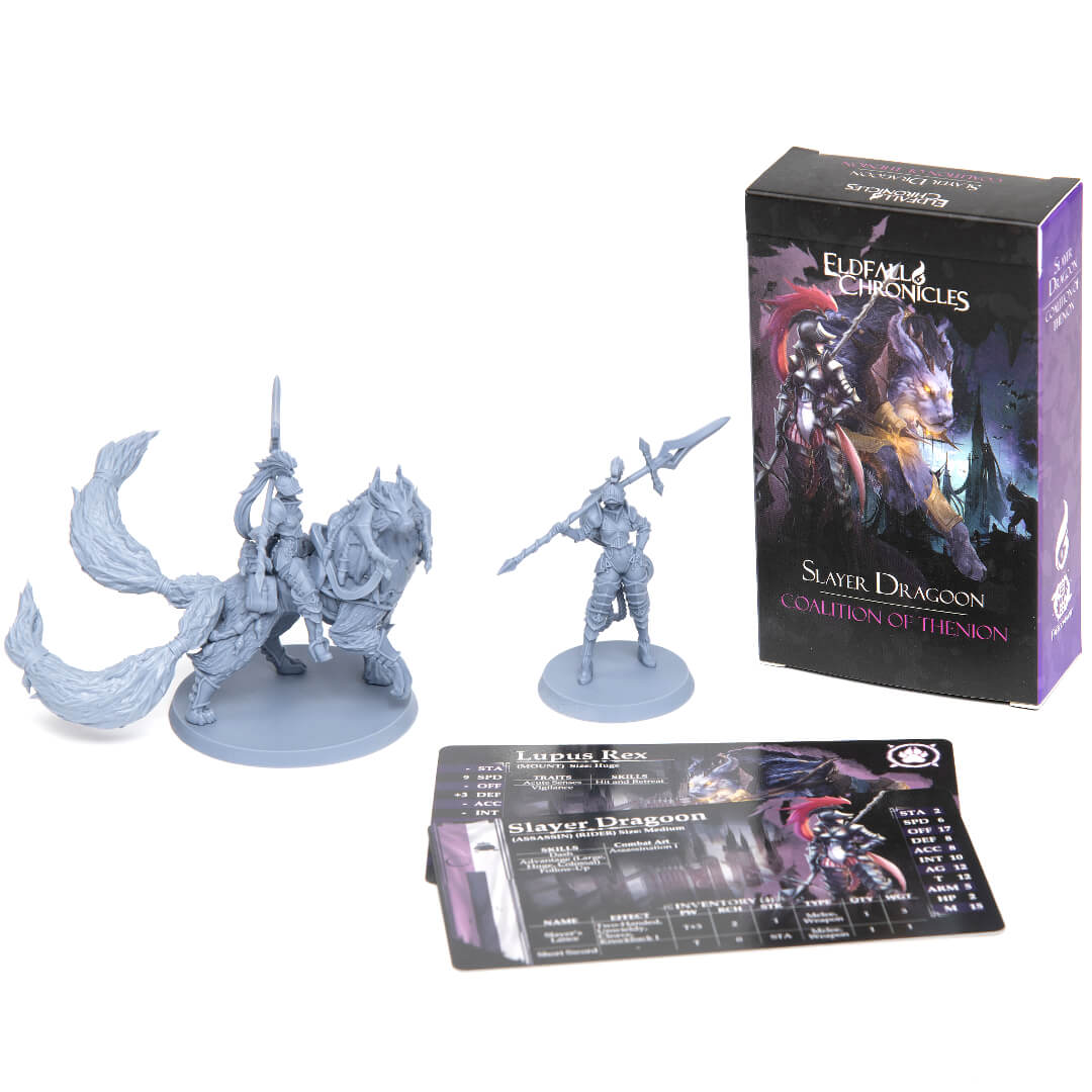 Two unpainted 'Slayer Dragoon' miniatures (mounted knight on wolf, armored spear figure), box, and game cards