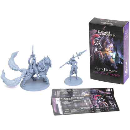 Two unpainted 'Slayer Dragoon' miniatures (mounted knight on wolf, armored spear figure), box, and game cards
