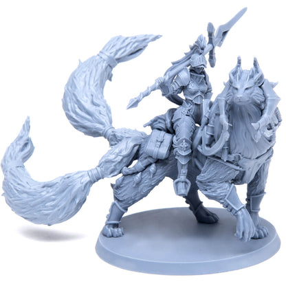 Unpainted grey miniature of an armored knight with a spear riding a large, armored wolf
