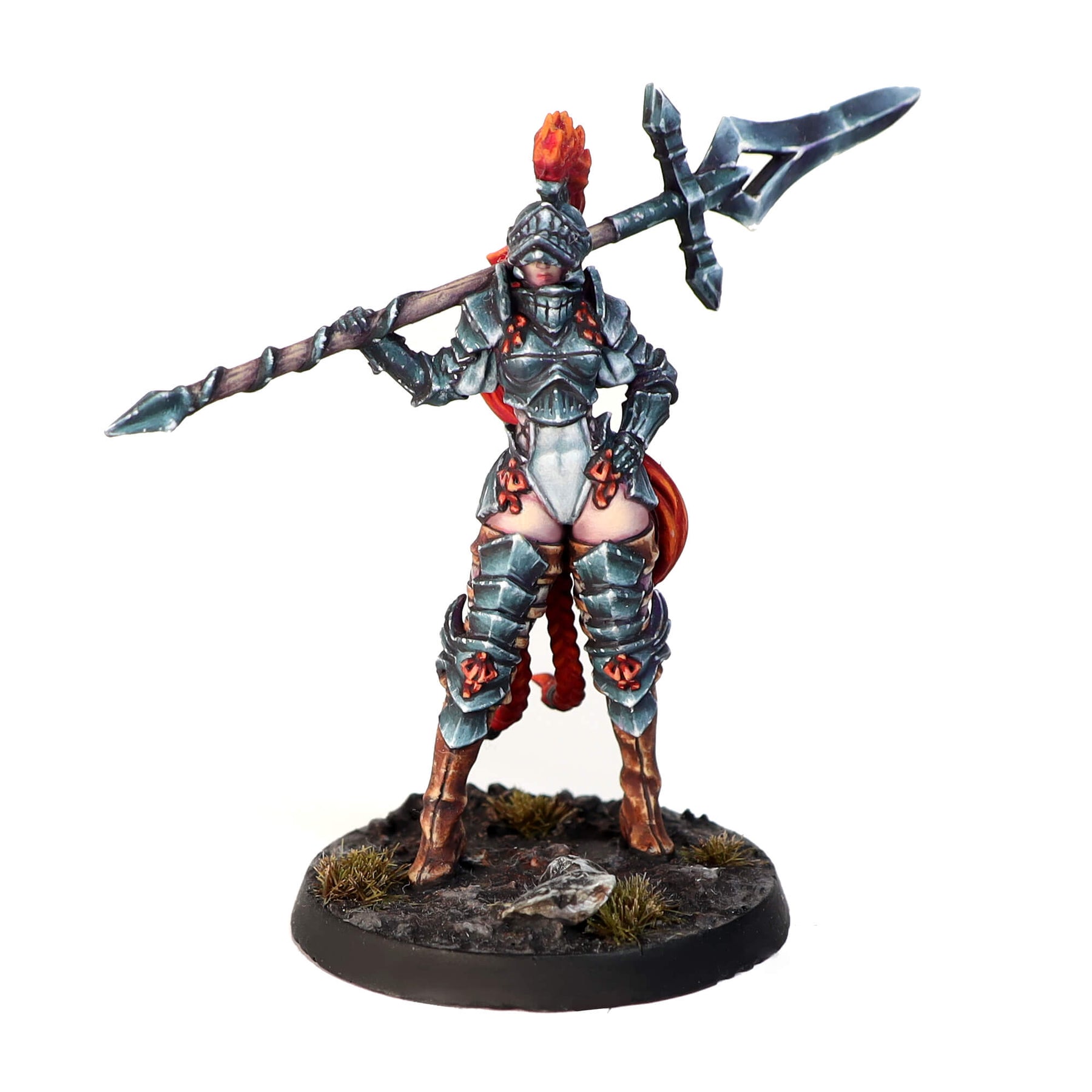 Painted miniature of an armored female knight with red hair & plumed helmet, holding a polearm over her shoulder
