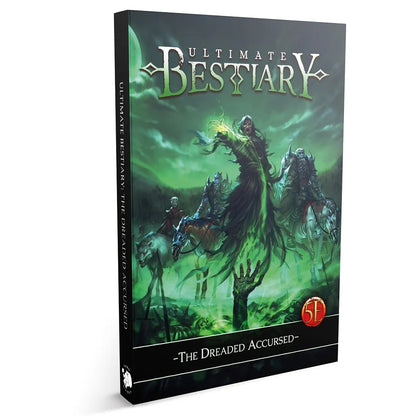 Ultimate Bestiary: The Dreaded Accursed 5E book cover. A dark sorcerer summons green magic among undead riders and skeletal hands
