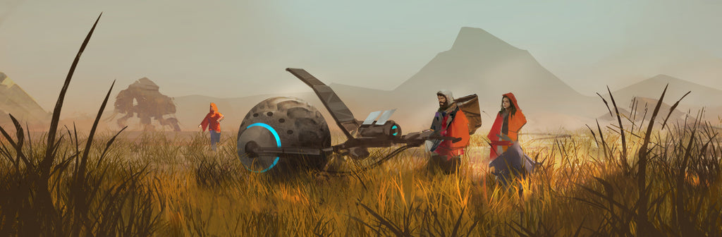 Three figures and a futuristic rover with a glowing sphere in a golden field. A distant ruined mech and mountains.
