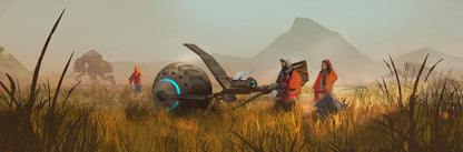 Three figures and a futuristic rover with a glowing sphere in a golden field. A distant ruined mech and mountains.
