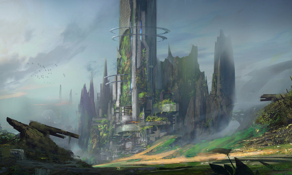 A colossal, futuristic structure overgrown with lush greenery, nestled among misty, jagged mountains under a cloudy sky. Birds fly.
